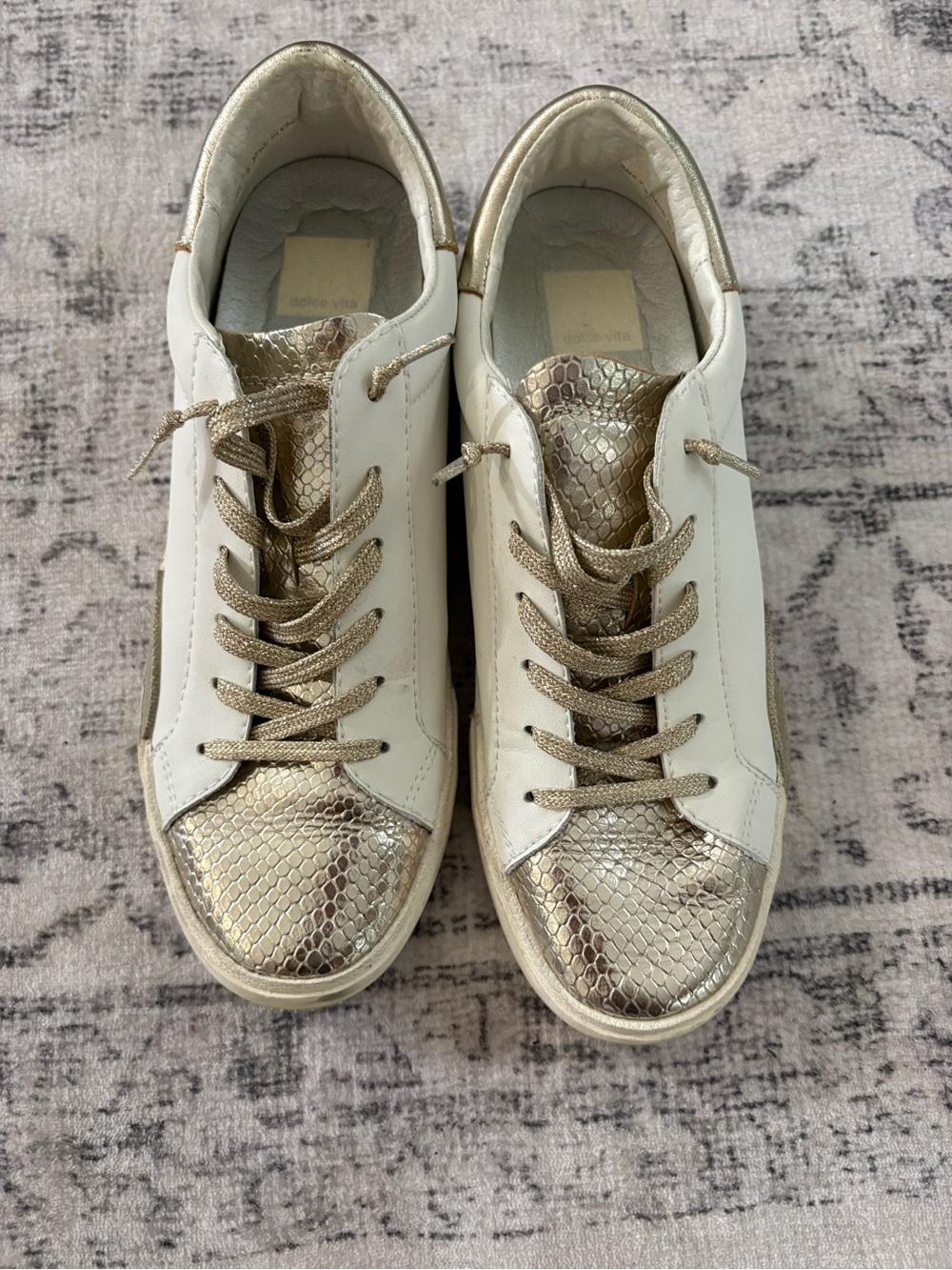 Dolce Vita White Sneakers with Metallic Gold Snake Accents